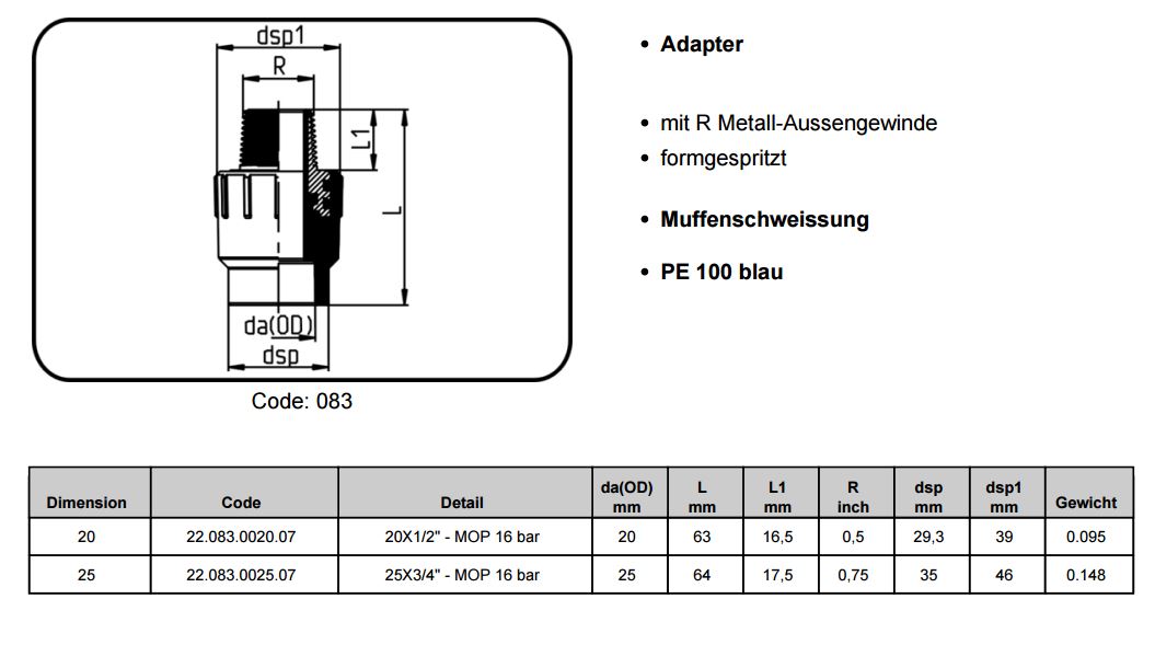 22083 PE 100 Adapter mit Außengewinde, d 20 - d 25 mm, SDR 7,4 - Druckluft