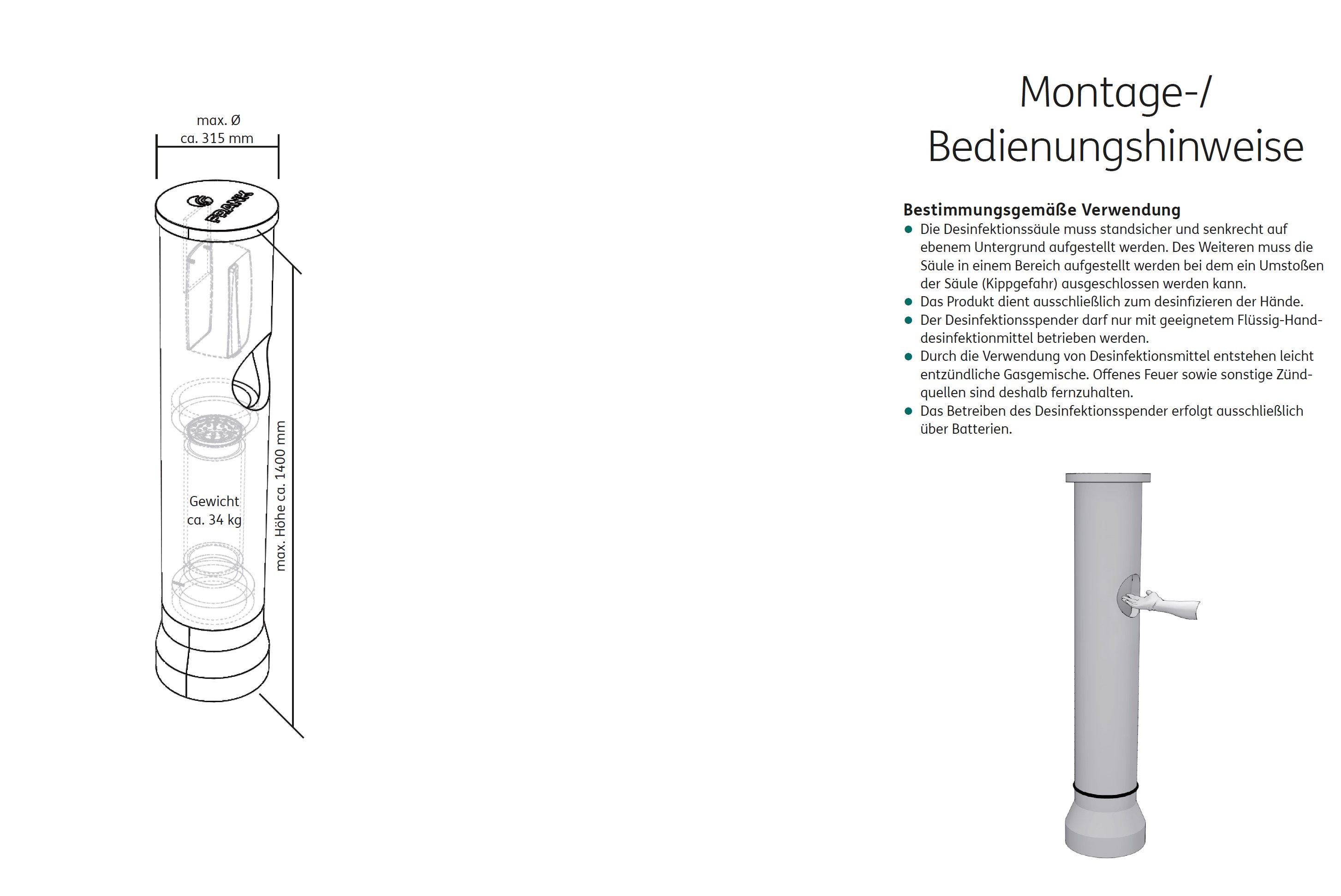 Desinfektionssäule aus PE in Signalblau