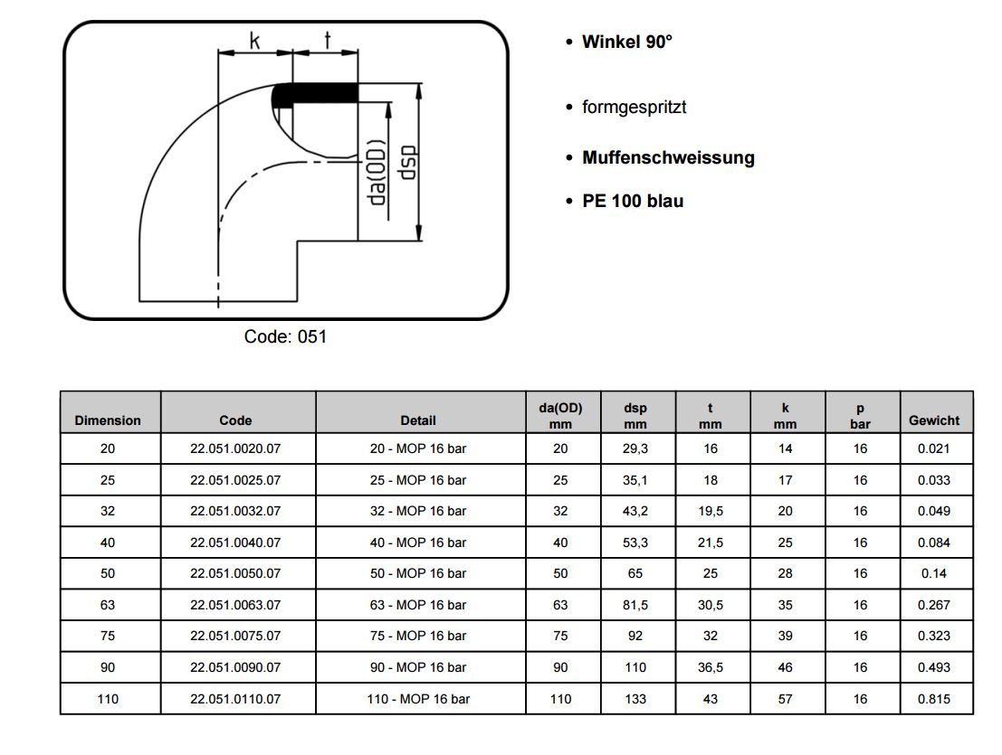 PE 100 Winkel 90°, d 20 - d 110 mm, SDR 7,4 - Druckluft, blau